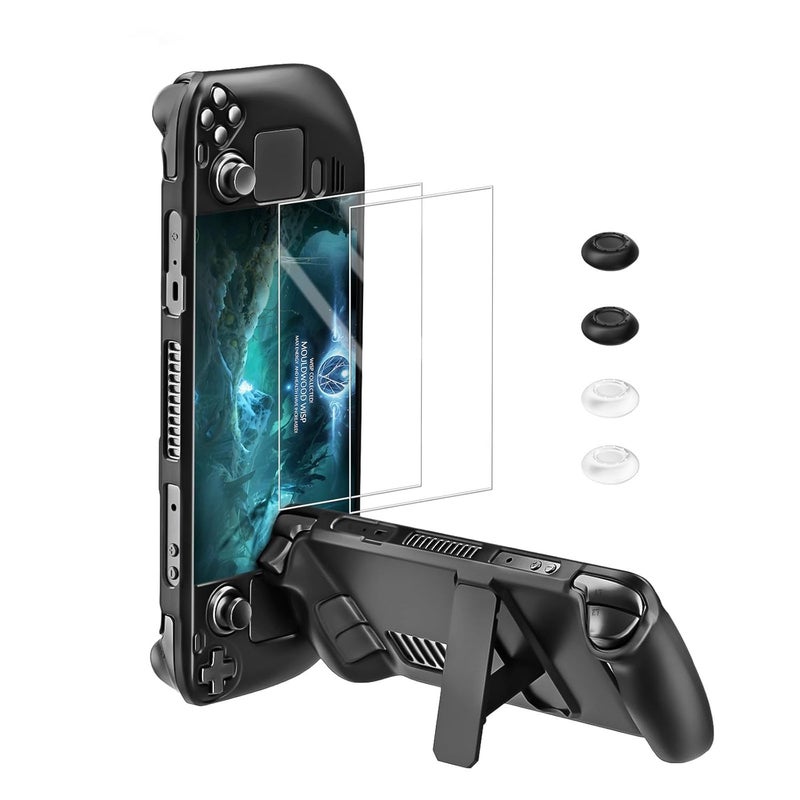 bibuks حافظة واقية لجهاز Steam Deck / OLED، غلاف واقي غير قابل للانزلاق، حافظة لجهاز Steam Deck مع حامل، 2 واقي شاشة، 4 قبضة إبهام (أسود) - Image 1